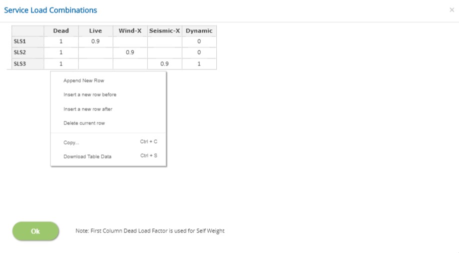 ECDYN Service Load Combinations