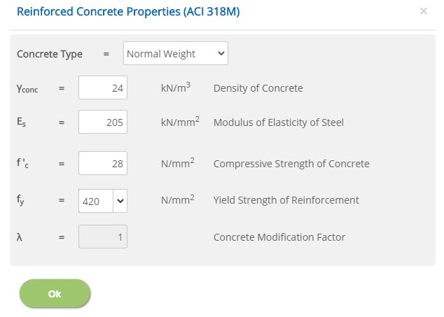 ECHORVES Reinforced Concrete Properties (ACI 318M)